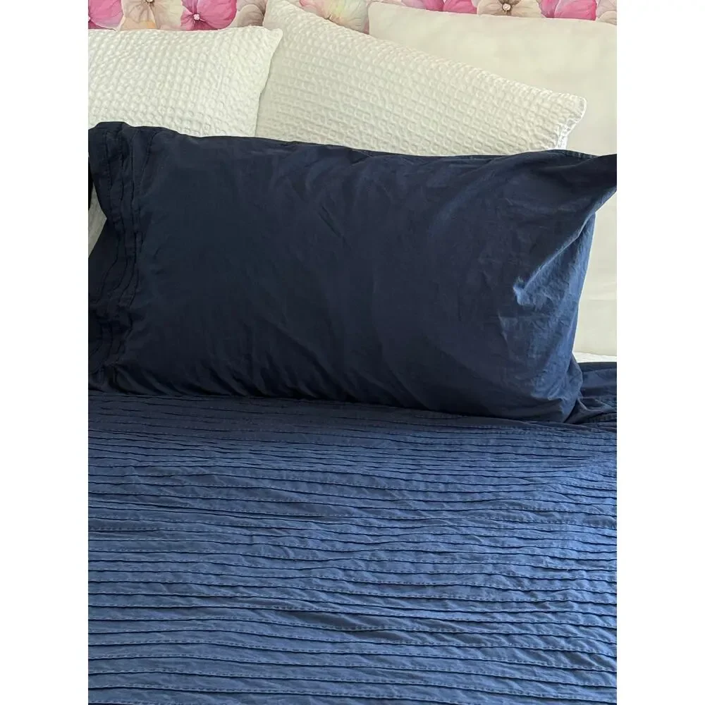 IKEA Alvine Stra Navy Blue Pleated Duvet Cover Set F/Q Cotton 3 Piece 94x80 READ